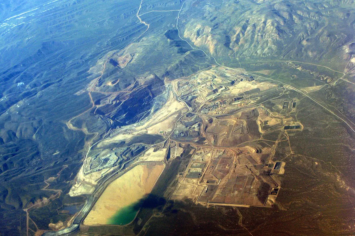 Aerial view of an open-pit gold mine and its leach pads outside Carlin, Nevada